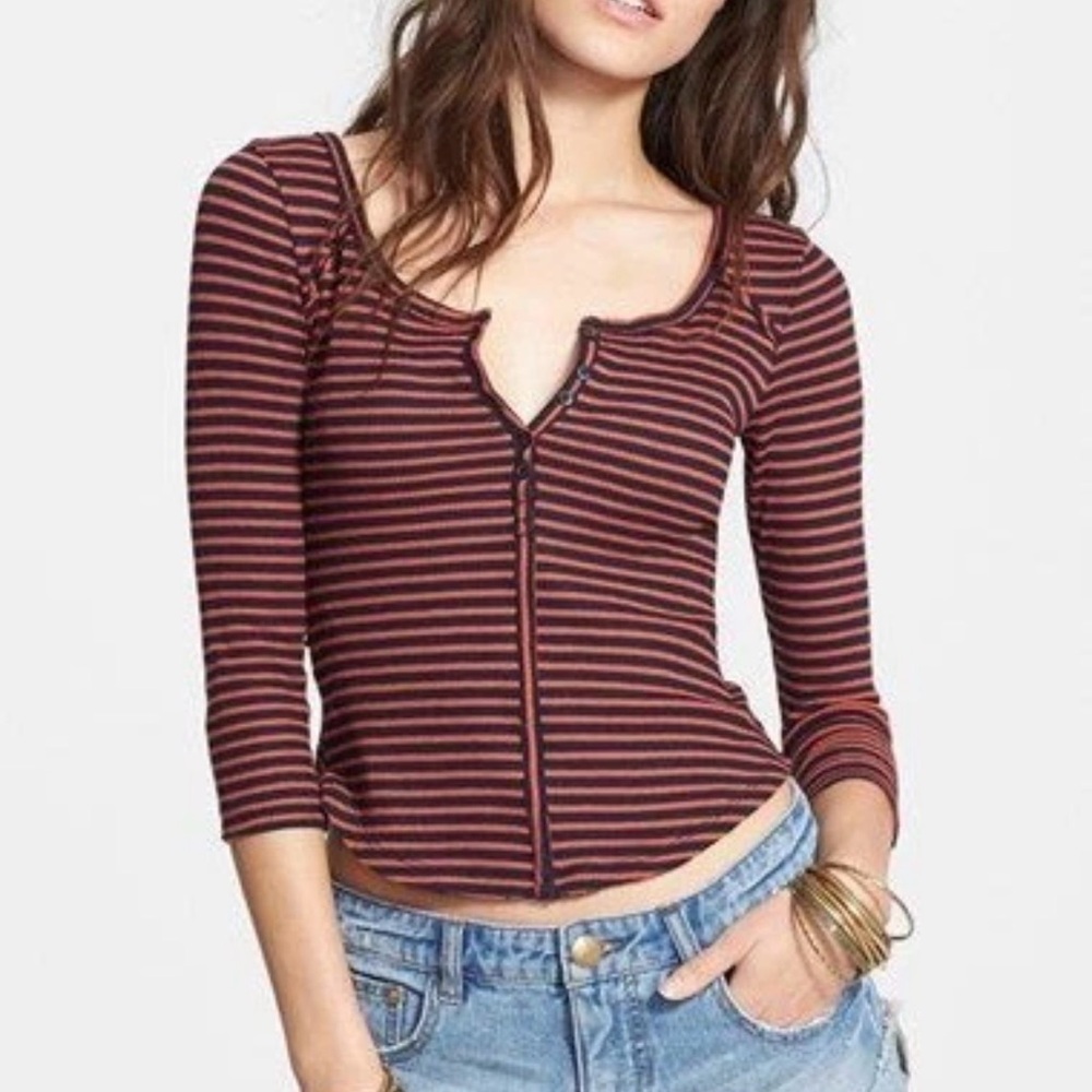 Free People Stripes Henley Rust/Navy Stripe Thermal Top SZ Small 3/4 Sleeve
